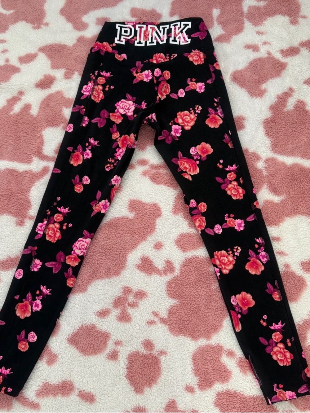Brand New PINK Victoria's Secret Black Yoga Leggings with Pink Floral Print XS/S